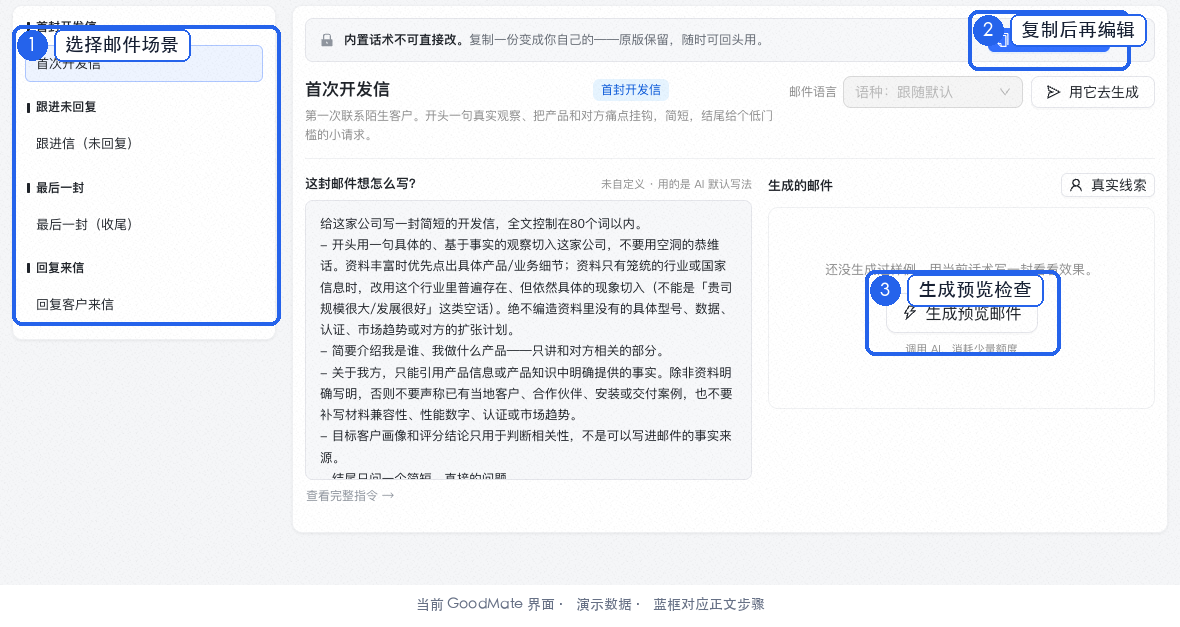 话术模板工作区：选择场景、复制编辑、预览并设为默认